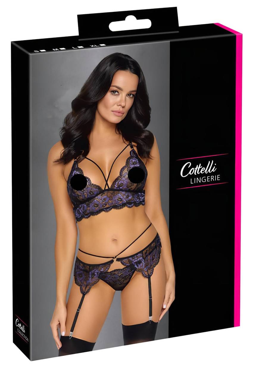 Cottelli - 3 részes csipke fehérnemű szett (fekete-viola) - Image 4