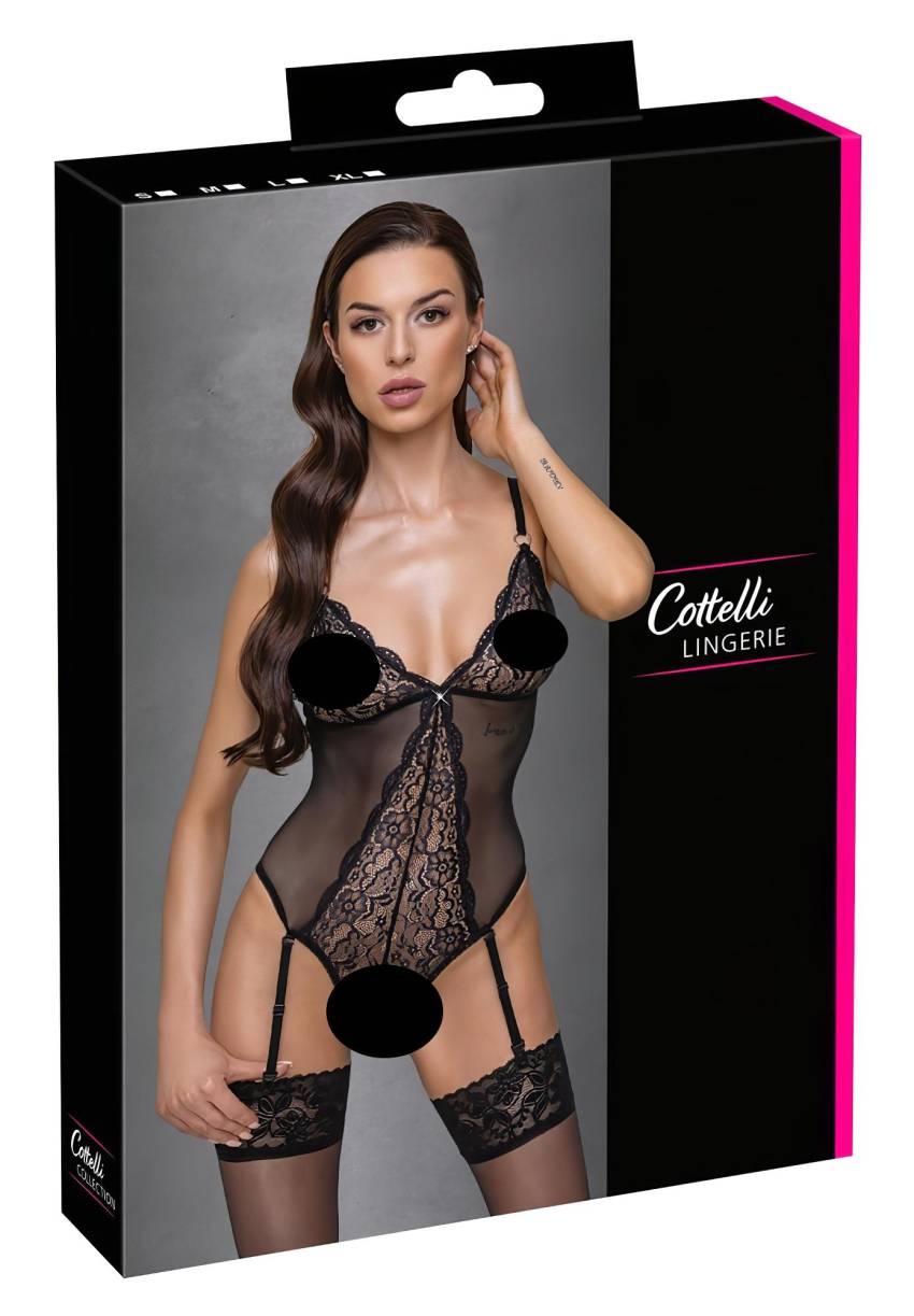 Cottelli - harisnyatartós, csipkés nyitott body (fekete) - Image 2