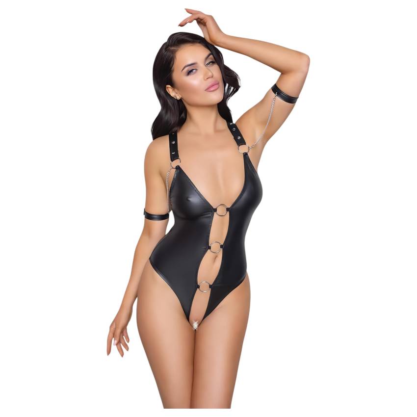Cottelli Bondage - fényes, gyűrűs, nyitott body (fekete) - Image 2