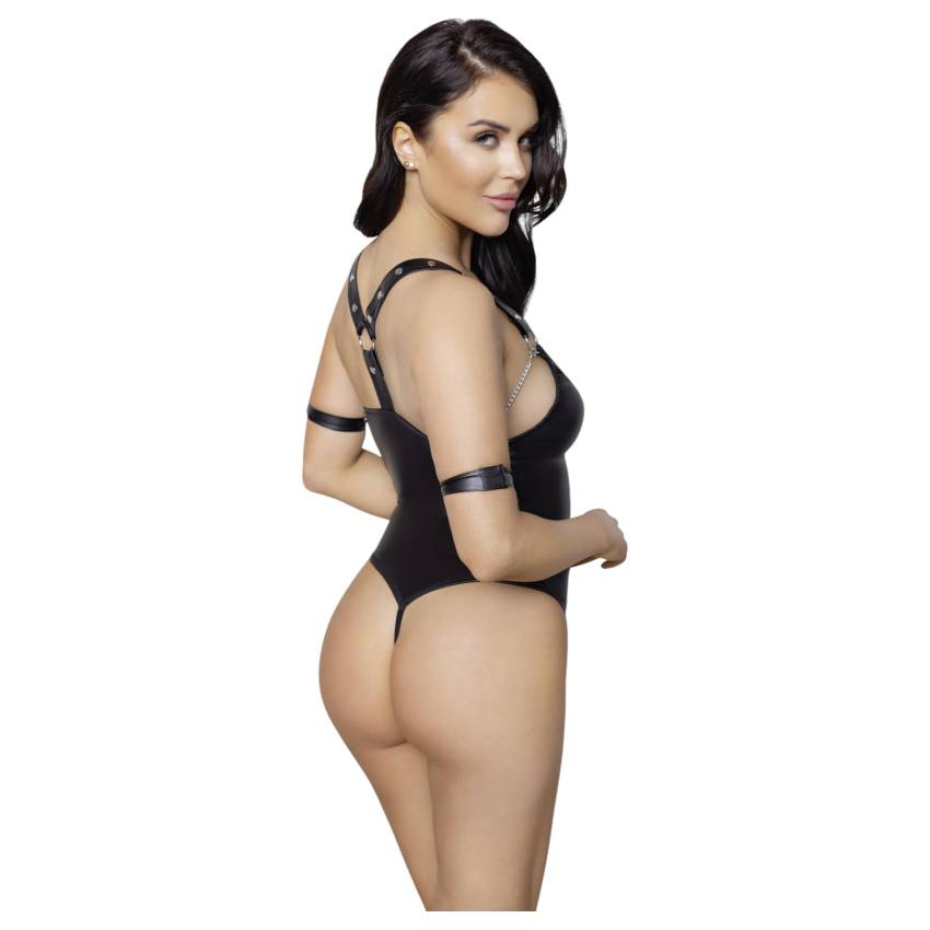 Cottelli Bondage - fényes, gyűrűs, nyitott body (fekete) - Image 4