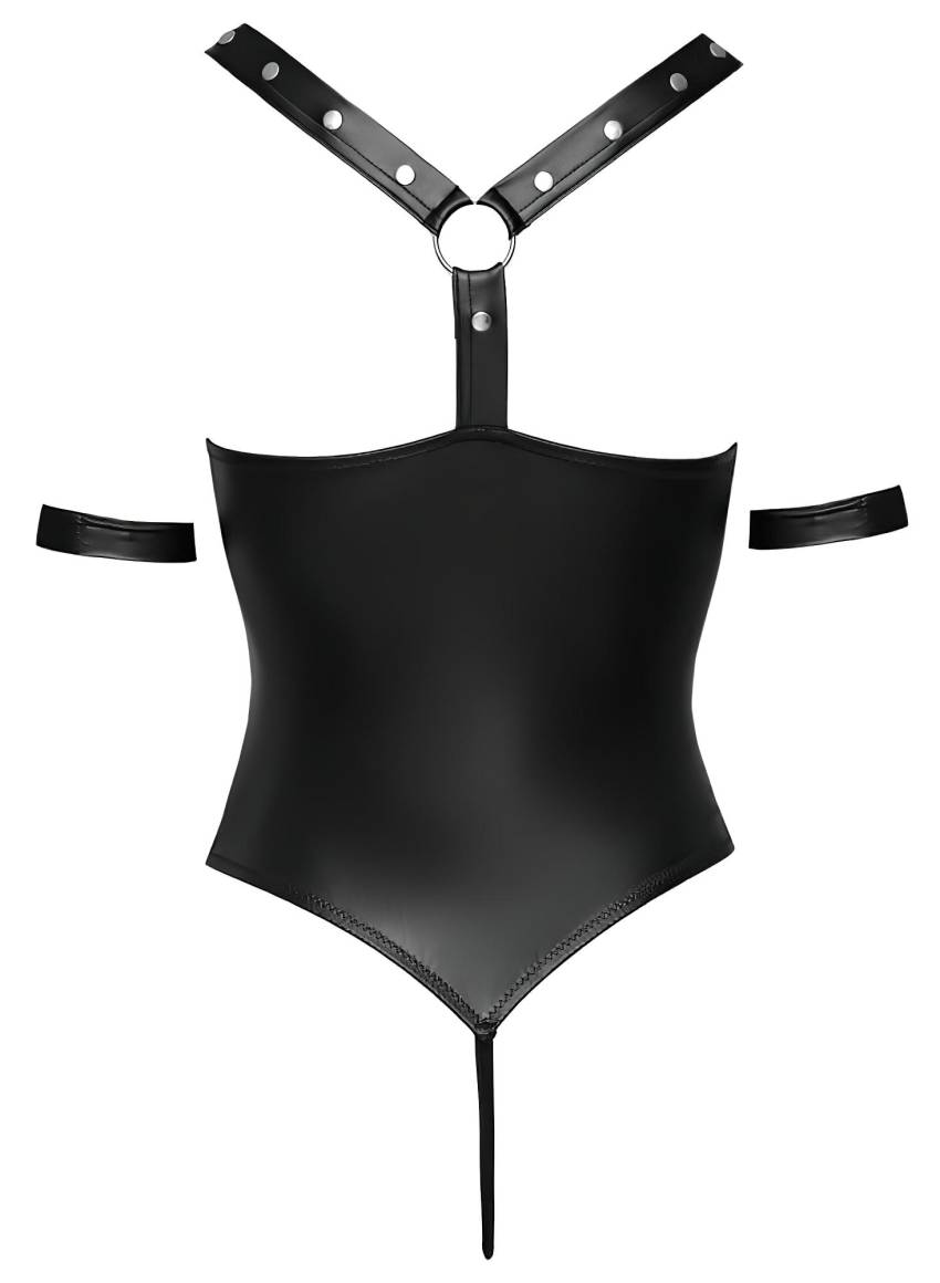 Cottelli Bondage - fényes, gyűrűs, nyitott body (fekete) - Image 7