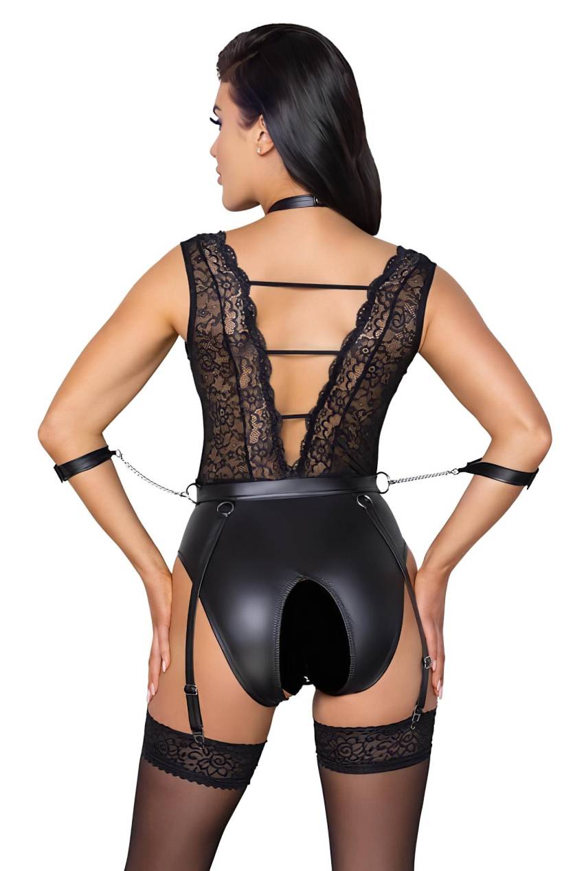Cottelli Bondage - csipkés, nyakpántos body (fekete) - Image 4