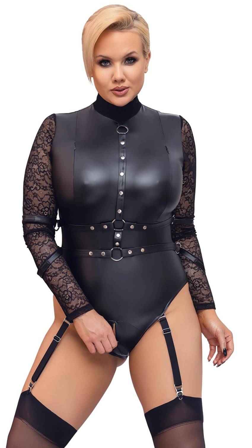 / Cottelli Bondage Plus Size - csipkésujjú body (fekete) - Image 2