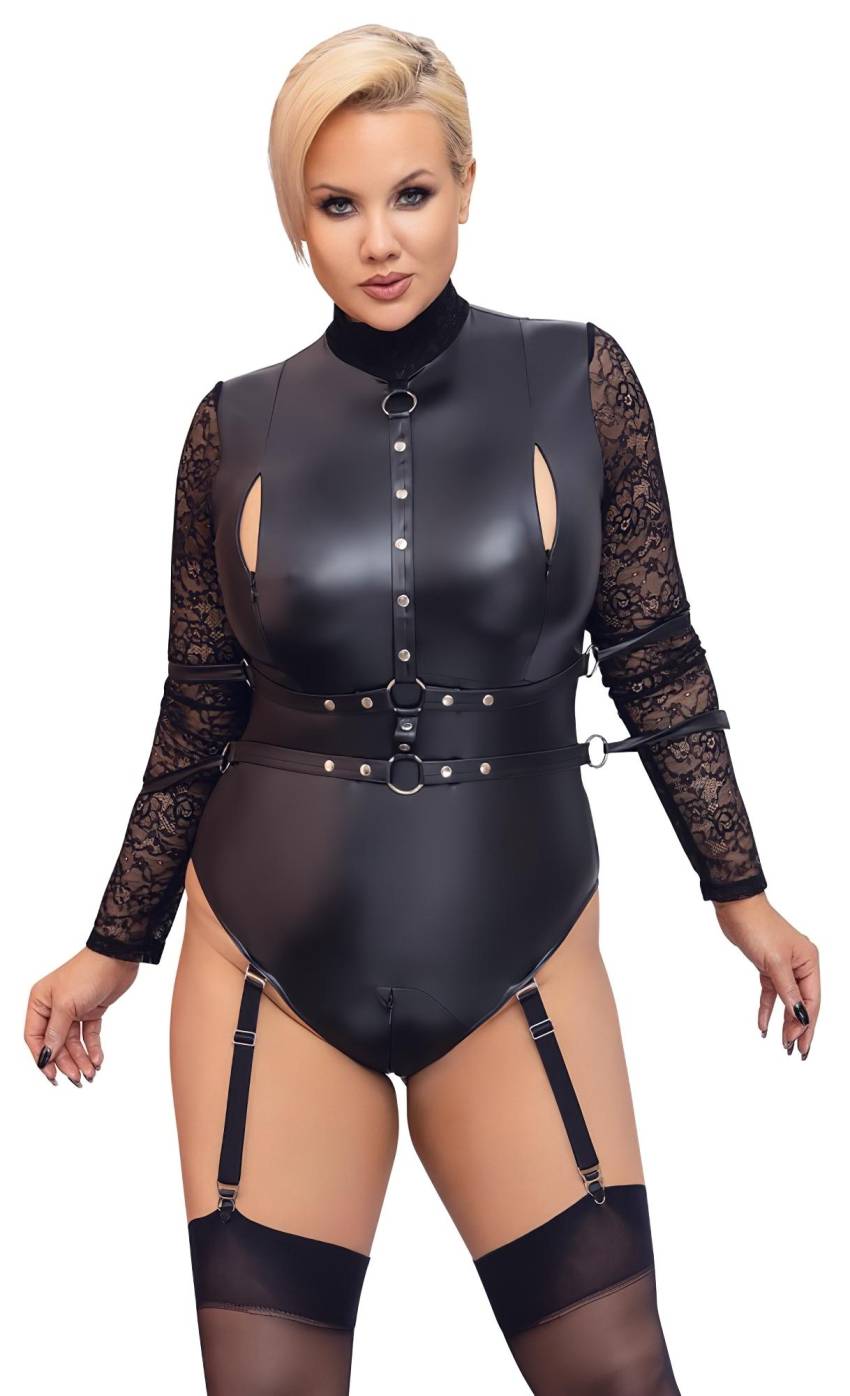 / Cottelli Bondage Plus Size - csipkésujjú body (fekete) - Image 3
