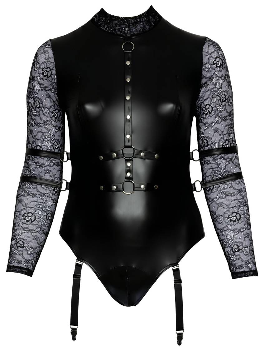 / Cottelli Bondage Plus Size - csipkésujjú body (fekete) - Image 7