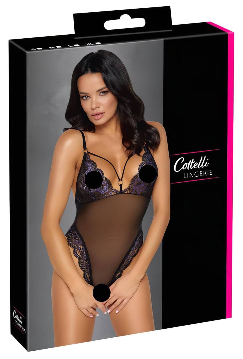 Cottelli - hímzett, nyitott csipke body (fekete-lila) - Image 6