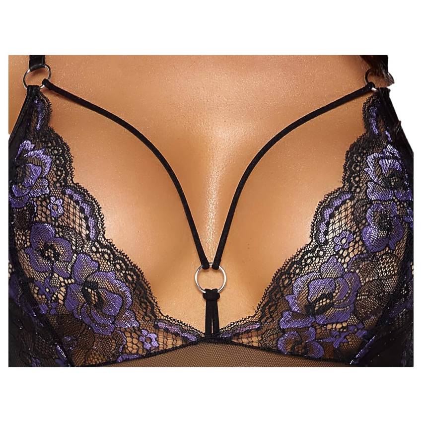 Cottelli - hímzett, nyitott csipke body (fekete-lila) - Image 7