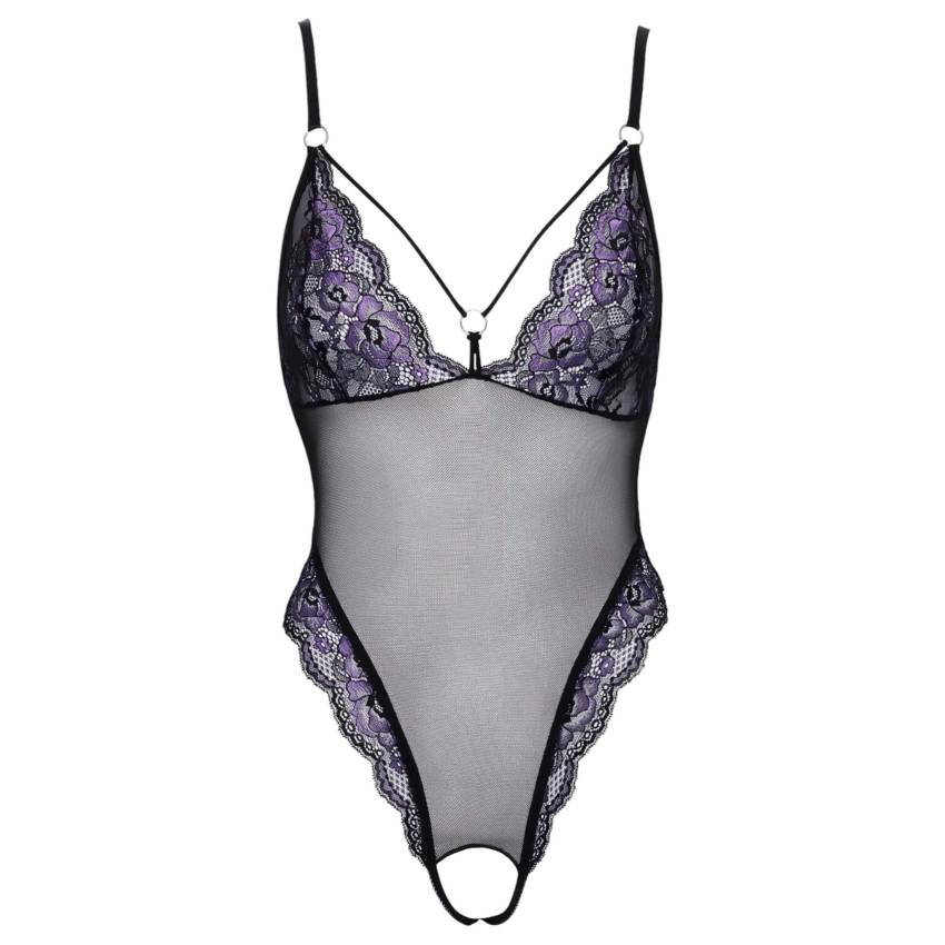 Cottelli - hímzett, nyitott csipke body (fekete-lila) - Image 8