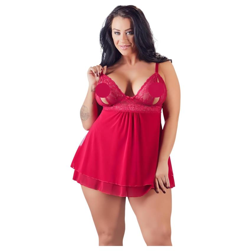 Cottelli Plus Size - csipkés, lenge babydoll (piros) - Image 2
