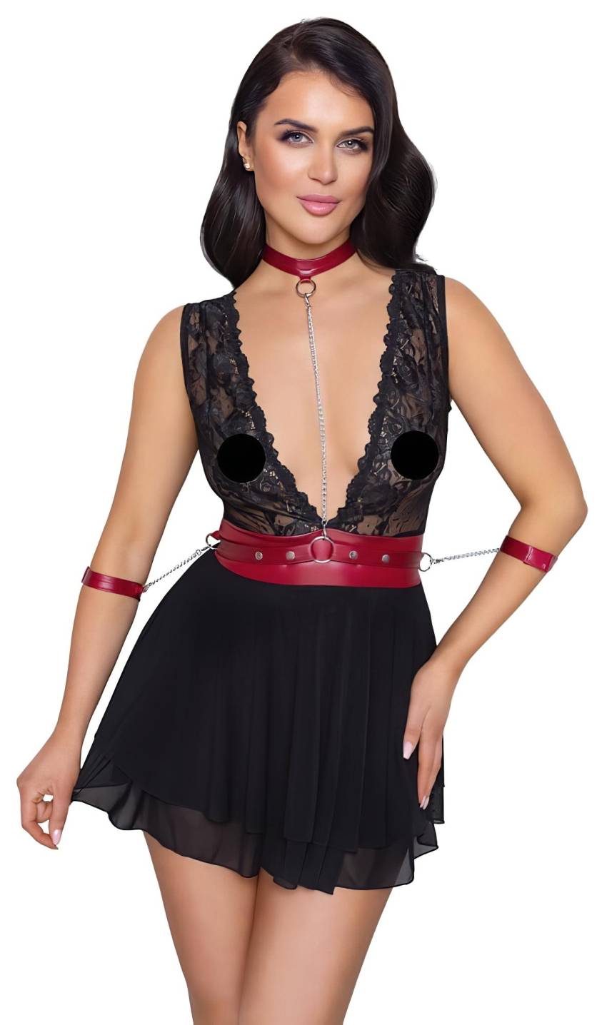 / Cottelli Bondage - nyakpántos csipkés babydoll (fekete) - Image 4