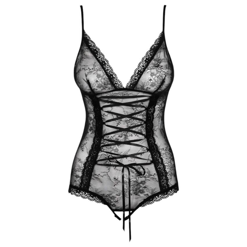 / Obsessive Slevika - elöl fűzős, nyitott csipke body (fekete) - Image 3