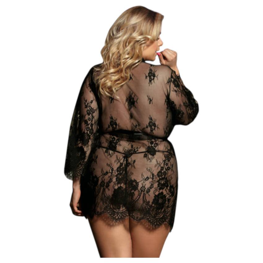 Subblime Queen Plus - csipke köntös szett - fekete (XL-2XL)